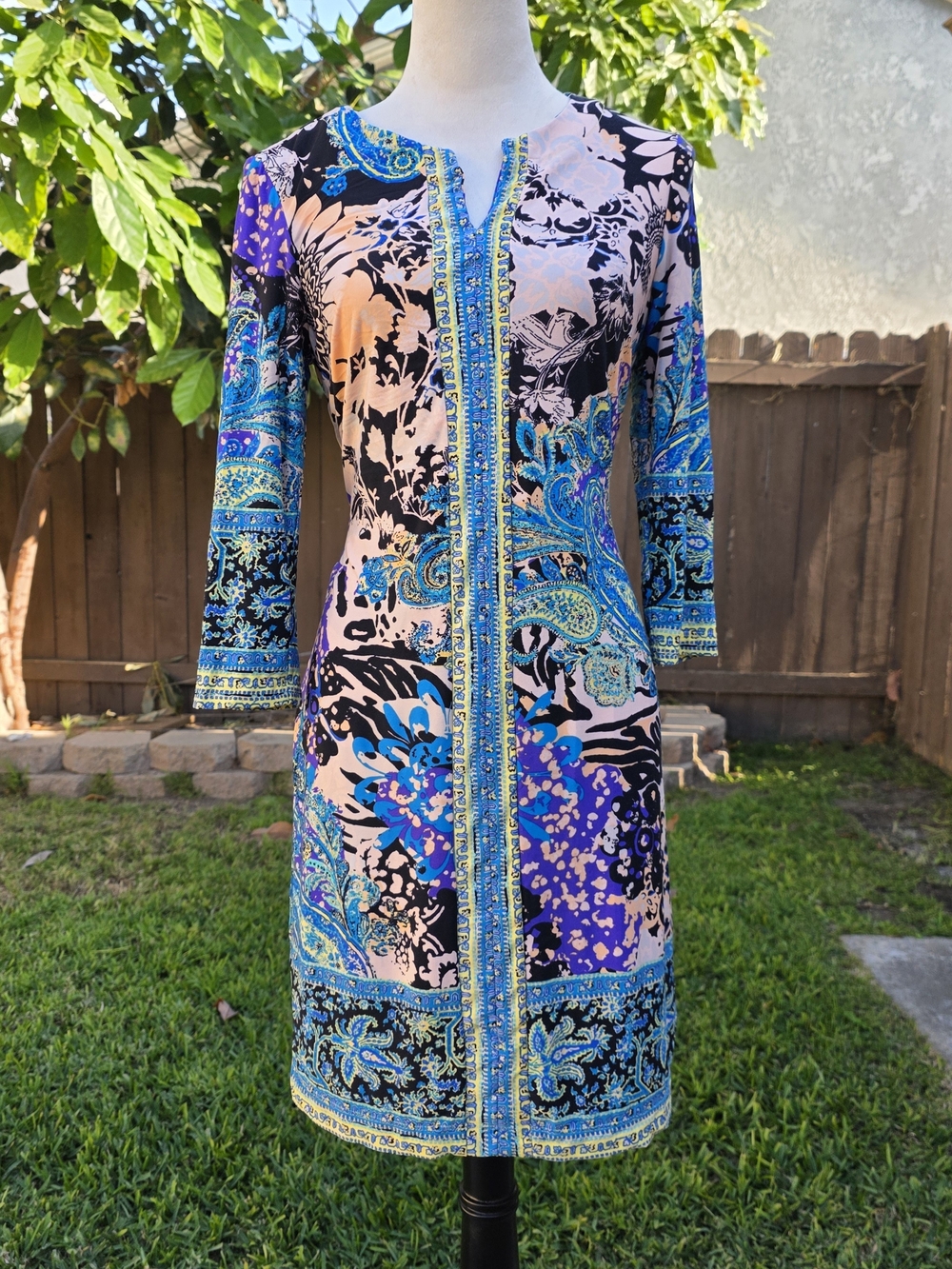 Beige by eci Black Boho Colorful Floral Print Midi Dress Size 4